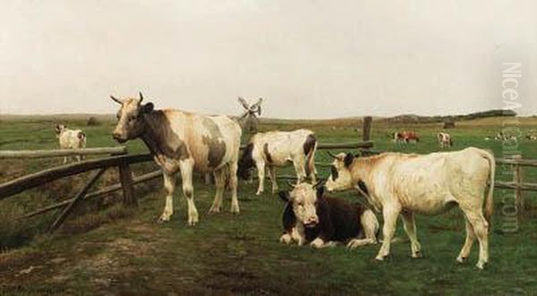 Cows In A Meadow Oil Painting by Povl Steffensen