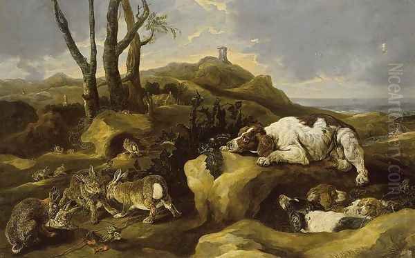 Spaniels Stalking Rabbits in the Dunes 1658 Oil Painting by Jan Fyt