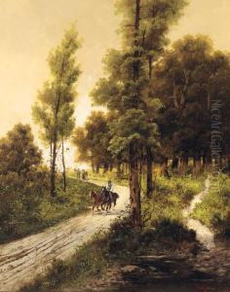 Travellers On A Track In A Wooded Landscape Oil Painting by Alfred Steinacker