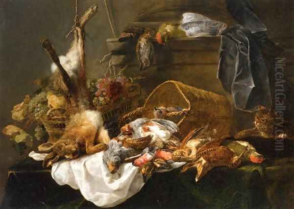 Venison and Basket of Grapes Watched by a Cat Oil Painting by Jan Fyt