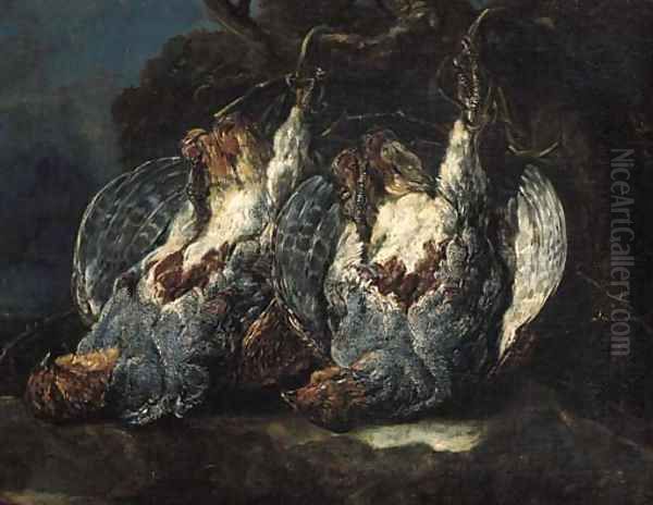 Dead partridges suspended from ropes on a tree in a forest Oil Painting by Jan Fyt