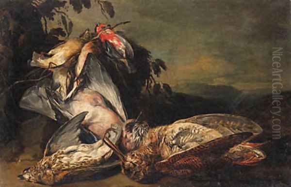 Dead songbirds, a jay, and a snipe in a landscape Oil Painting by Jan Fyt