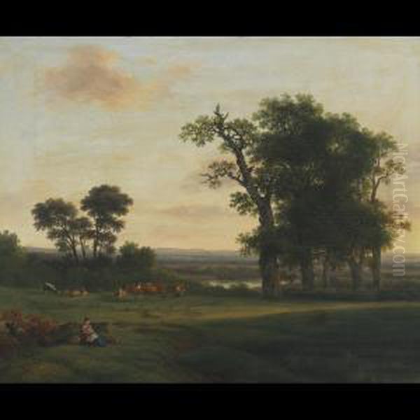 Pastoral With Mother And 
Children Resting While A Woman Milks Cowsand Boatmen Fish In The 
Distance Oil Painting by Franz II Steinfeld