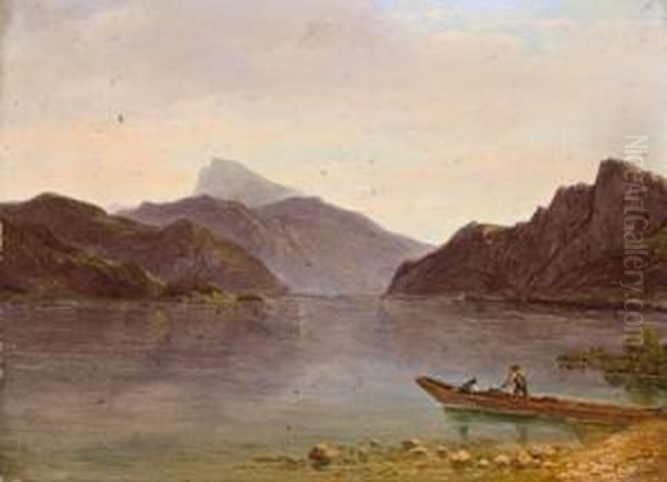 Lago Mondsee Con Il Monte Schafberg Sullo Sfondo Oil Painting by Franz II Steinfeld