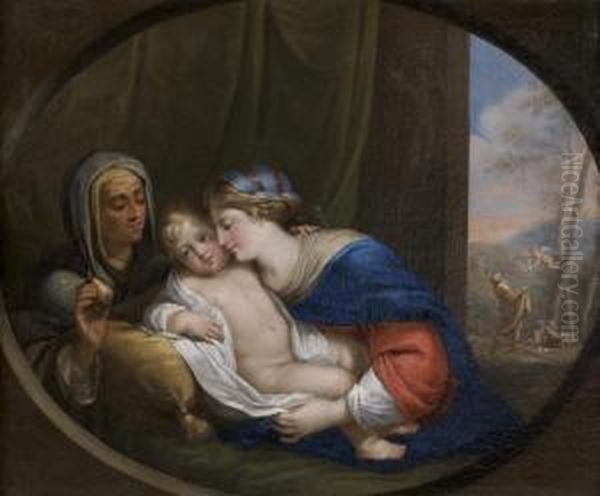 Vierge A L'enfant Avec Sainte Anne Lui Offrant Une Poire, Dans Un Ovale Peint Oil Painting by Jacques De Stella