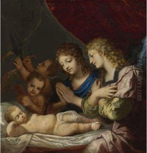 Angels Adoring The Sleeping Christ Oil Painting by Jacques De Stella