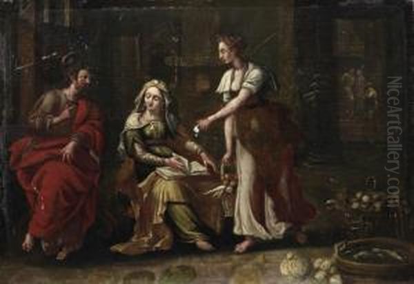 Christ In The Home Of Martha Oil Painting by Jacques De Stella