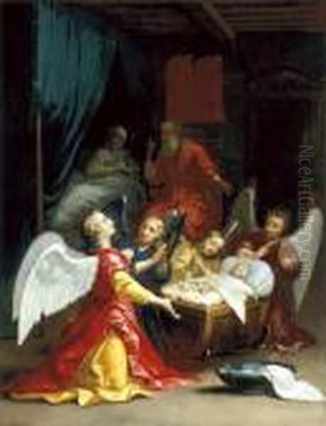 The Birth Of The Virgin With Adoring Angels Oil Painting by Jacques De Stella