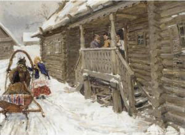 Visitors To The Dacha Oil Painting by Aleksi Stepanovich Stepanov