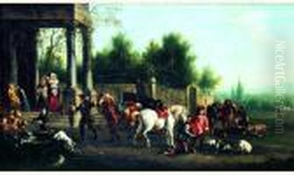 Le Retour Des Chasseurs Devant Un Palais Classique Oil Painting by Joseph Stephan