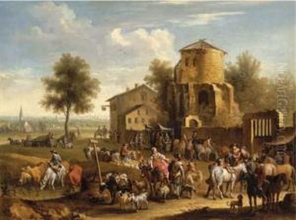 A Market Scene With A City In The Distance Oil Painting by Joseph Stephan