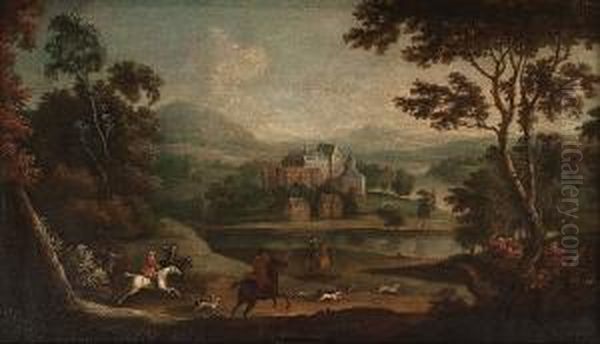 A Hunting Party In A Landscape, A Lake And A Castle Beyond Oil Painting by Joseph Stephan