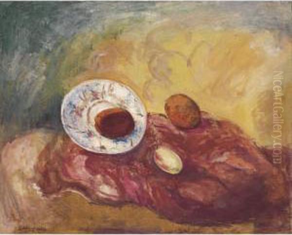 Fruit And Plate On A Red Background Oil Painting by David Petrovich Sterenberg