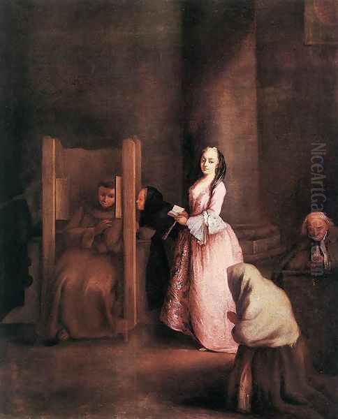 The Confession Oil Painting by Pietro Falca (see Longhi)