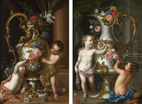 Aiguieres Sculptees Decorees De Guirlandes De Fleurs Par Des Putti Oil Painting by Ignazio Stern