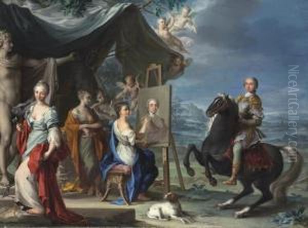 An Equestrian Portrait Of A 
Nobleman As Protector Of The Arts, Before Personifications Of Sculpture,
 Poetry, Music And Painting by Ignazio Stern