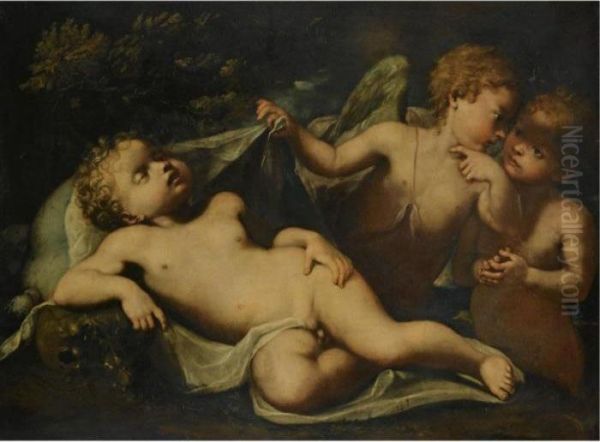 Cupid Asleep As Two Putti Whisper Beside Him Oil Painting by Ignazio Stern