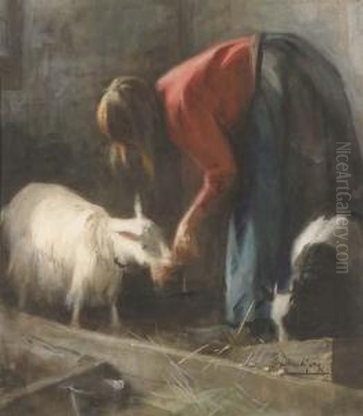 Feeding The Goats Oil Painting by Jacobus Frederick Sterre De Jong