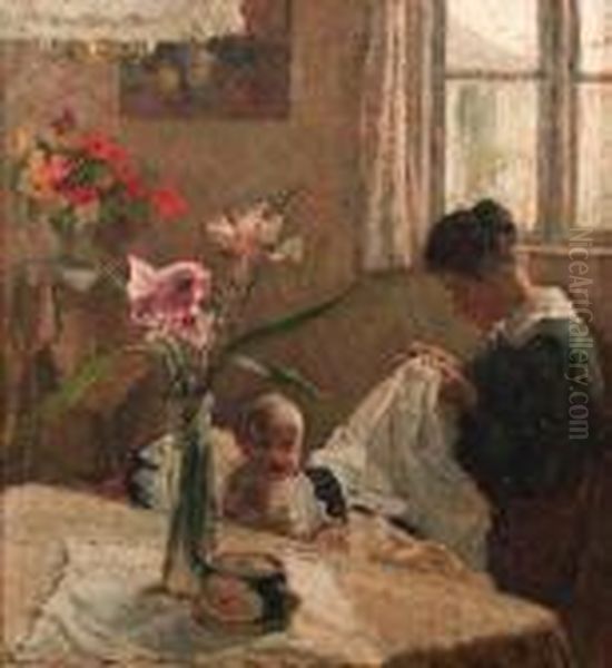 A Sunlit Interior With A Mother Sewing By A Baby Oil Painting by Jacobus Frederick Sterre De Jong