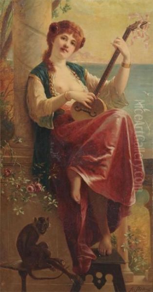 Woman With Mandoline And Monkey Near A Railing Oil Painting by Agapit Stevens