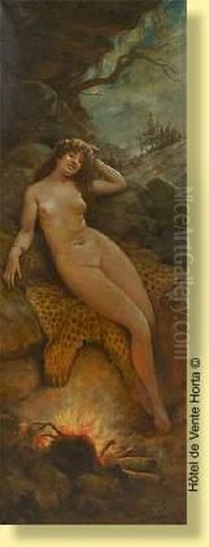 Jeunefemme Nue Pres D'un Feu Oil Painting by Agapit Stevens