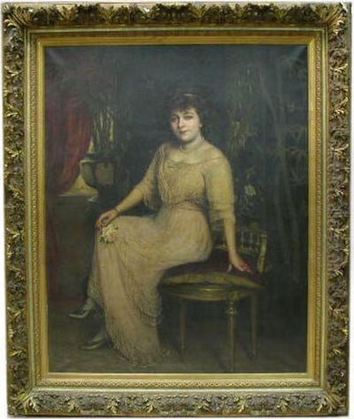 Portrait De Dame Assise, Tenant Unerose Oil Painting by Agapit Stevens