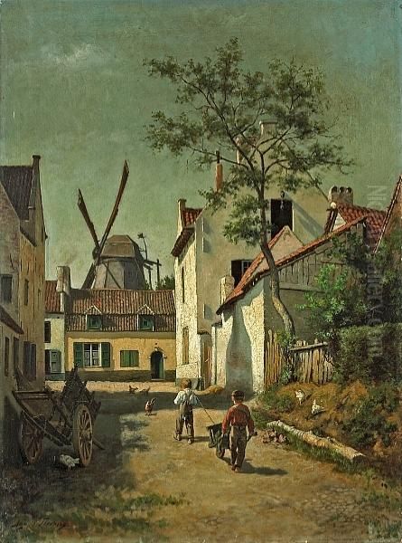 A Village Street With Two Boys Pushing A Wheelbarrow by Agapit Stevens