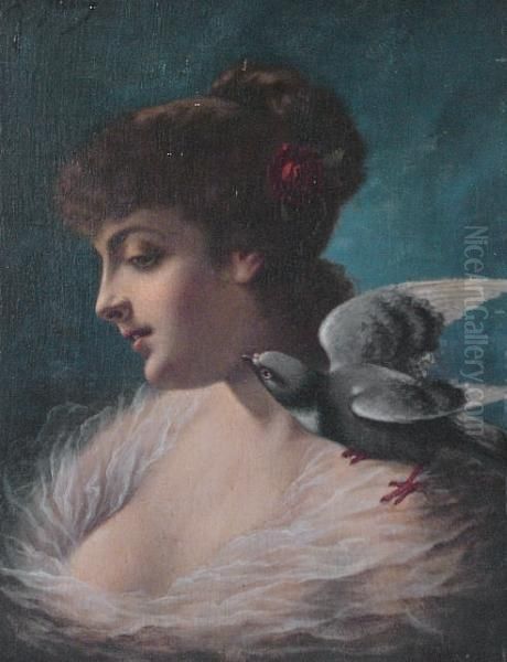 Portrait Of A Young Woman With A Bird On Her Shoulder Oil Painting by Agapit Stevens