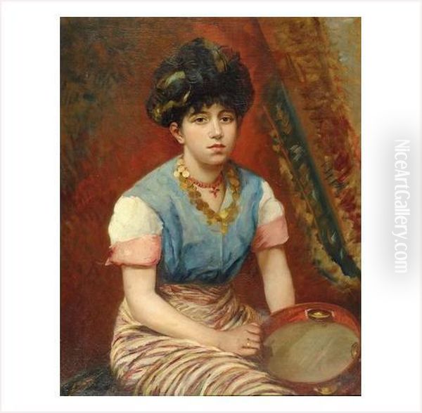 La Jeune Orientale Au Tambourin Oil Painting by Agapit Stevens