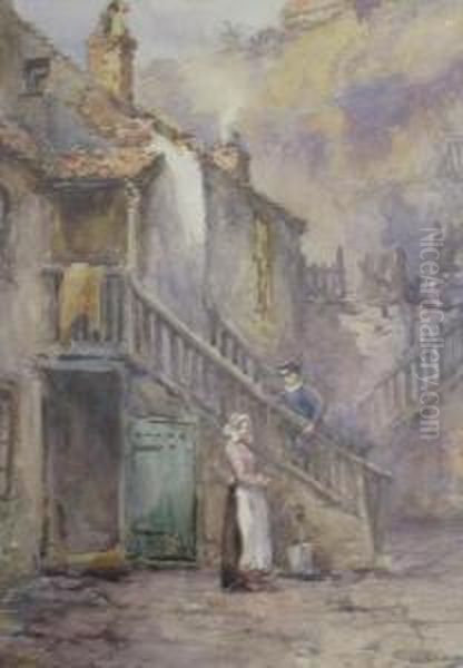 A Lady And Gentleman Talking On Stepswith Cottage Behind Oil Painting by Alfred Stevens