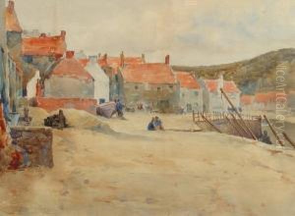 Fishermen's Cottages At Staithes Oil Painting by Alfred Stevens