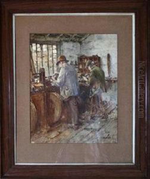 A Wood-turners' Workshop Oil Painting by Alfred Stevens