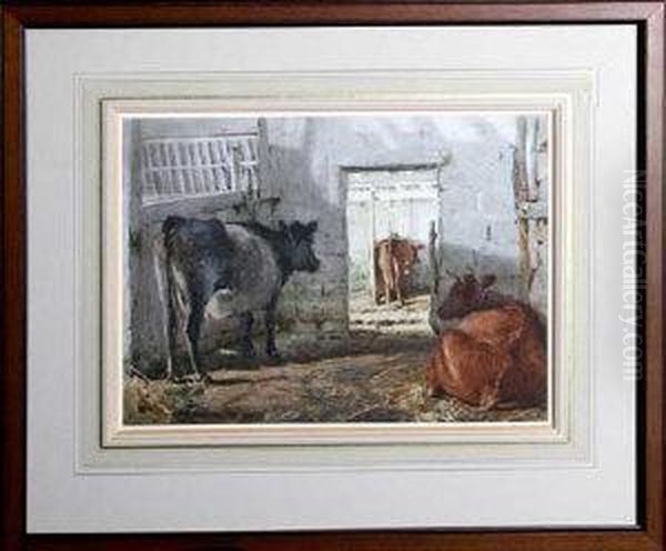 Three Cows In A Shed Oil Painting by Alfred Stevens