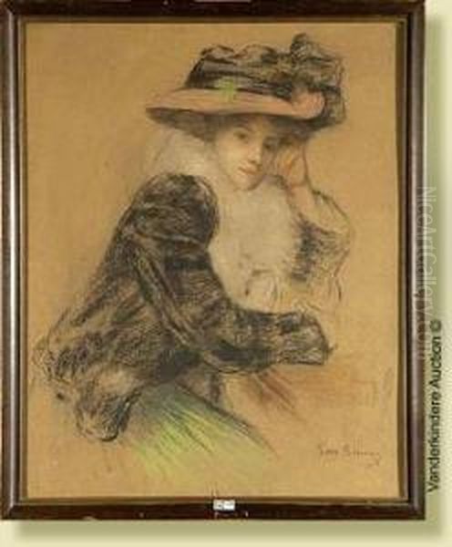 Portrait D'une Elegante Au 
Chapeau, Fusain Rehausse Aupastel Sur Papier. Signe En Bas A Droite G.m.
 Stevens. Ecole Belge.dim.: 62x49 Cm Oil Painting by Gustave Max Stevens