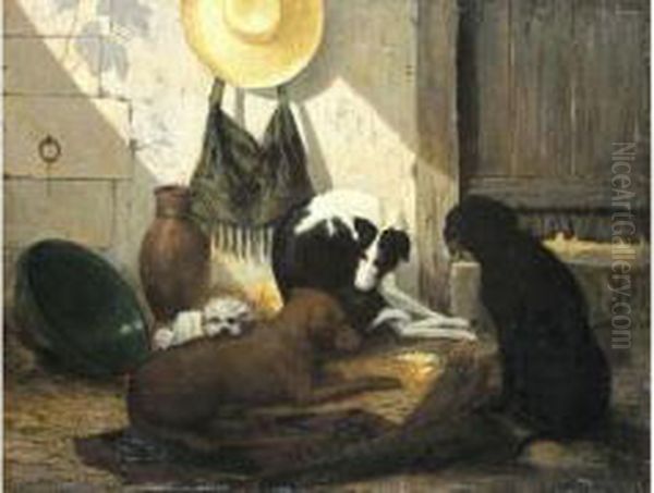 Tafereel Met Vier Honden Oil Painting by Joseph Edouard Stevens