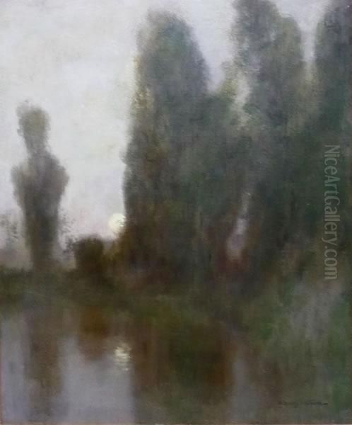 Of A Moonlit River Landscape With Poplar Trees. by Robert Macaulay Stevenson