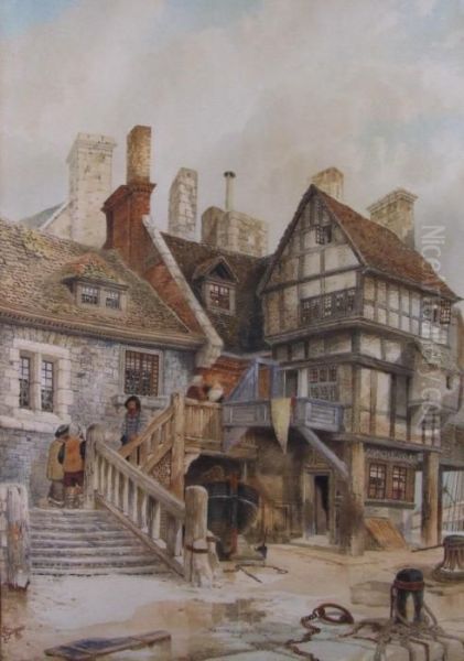 Street Scene With Figures On The Steps Of Half Oil Painting by James Lawson Stewart