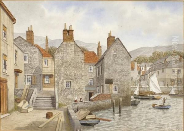 Polperro Harbour And Neighbouring Houses Oil Painting by James Lawson Stewart