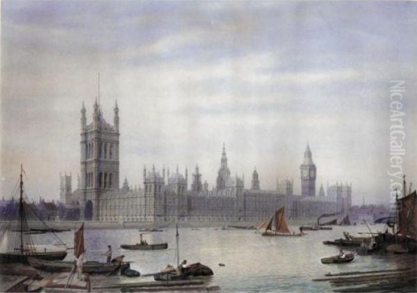 Barges On The Thames By The Houses Of Parliament Oil Painting by James Lawson Stewart