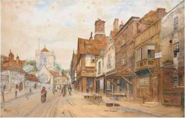 Village Street Scene Oil Painting by James Lawson Stewart