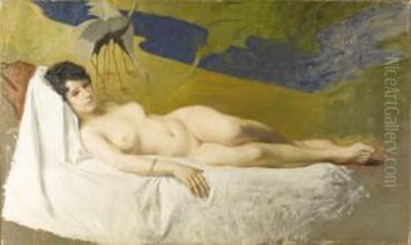 Reclining Nude By An Oriental Screen Oil Painting by J. Stewart