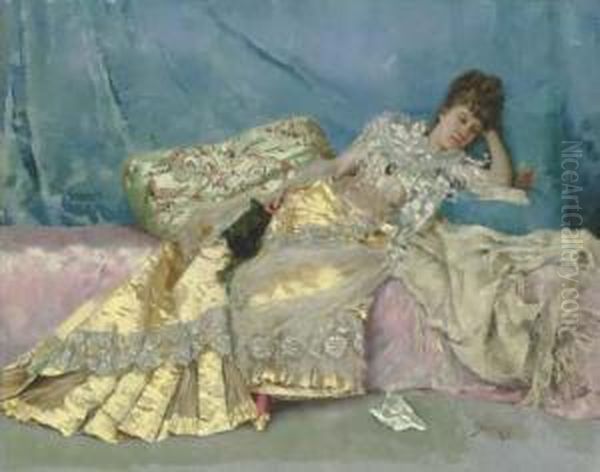 Lady On A Pink Divan Oil Painting by J. Stewart