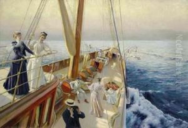 Yachting In The Mediterranean Oil Painting by J. Stewart