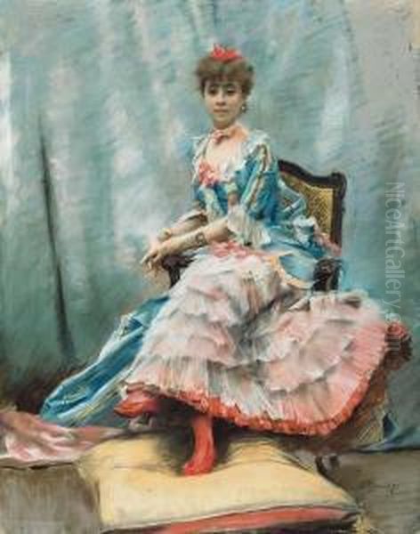 ''lady In Pink And Blue'' (portrait Of Laura Hayman) Oil Painting by J. Stewart