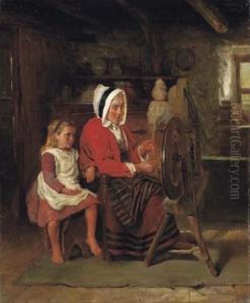 At The Spinning Wheel Oil Painting by William Stewart