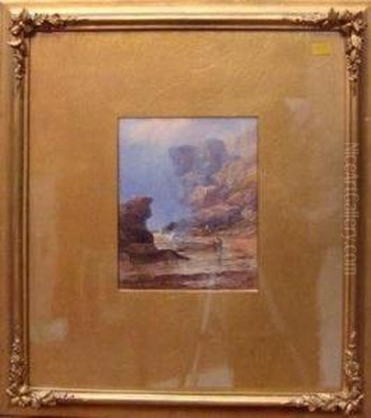 Men Salvaging Timber On A Rocky Beach Oil Painting by George Blackie Sticks