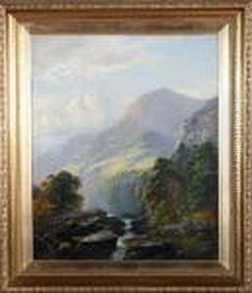 An Upland River Scene With A Figure Seated On Rocks In The Foreground Oil Painting by George Blackie Sticks