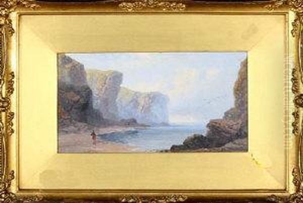 A Rocky Coastal Scene With A Female Figure On The Beach In The Foreground Oil Painting by George Blackie Sticks