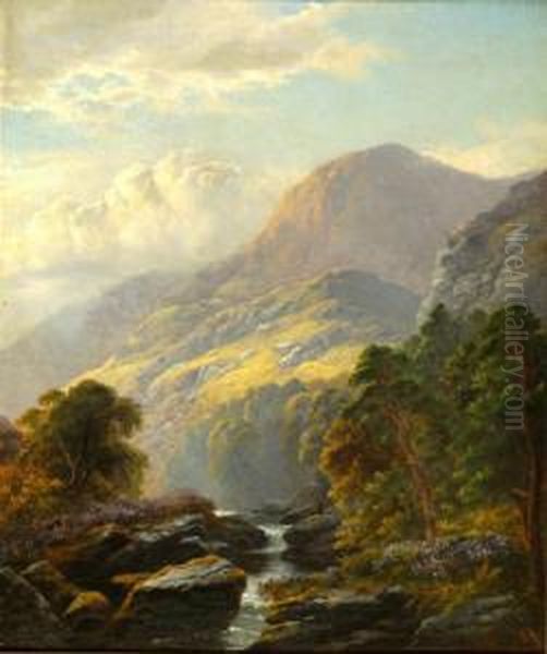 Scottish Summer Landscape With A Figure By A Rushing Stream Oil Painting by George Blackie Sticks