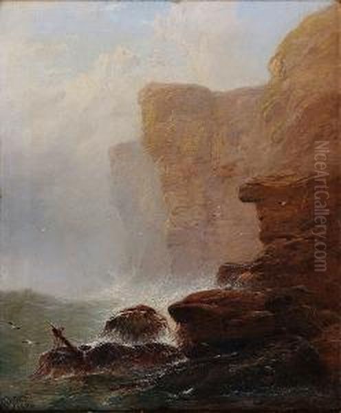 A Stormy Sea Against Rocky Cliffs, Signed Anddated 1894 Oil Painting by George Blackie Sticks